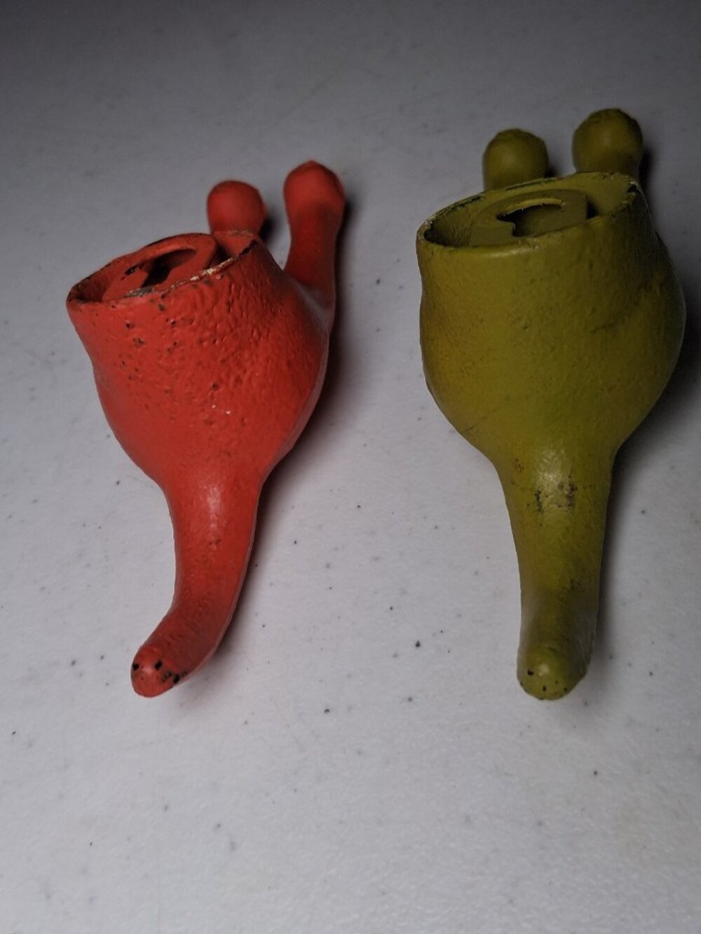 Cast Iron Dog Tail Hooks Pair Wall Mounted Hanging Orange Lime Green Dogs 5" - Picture 10 of 15